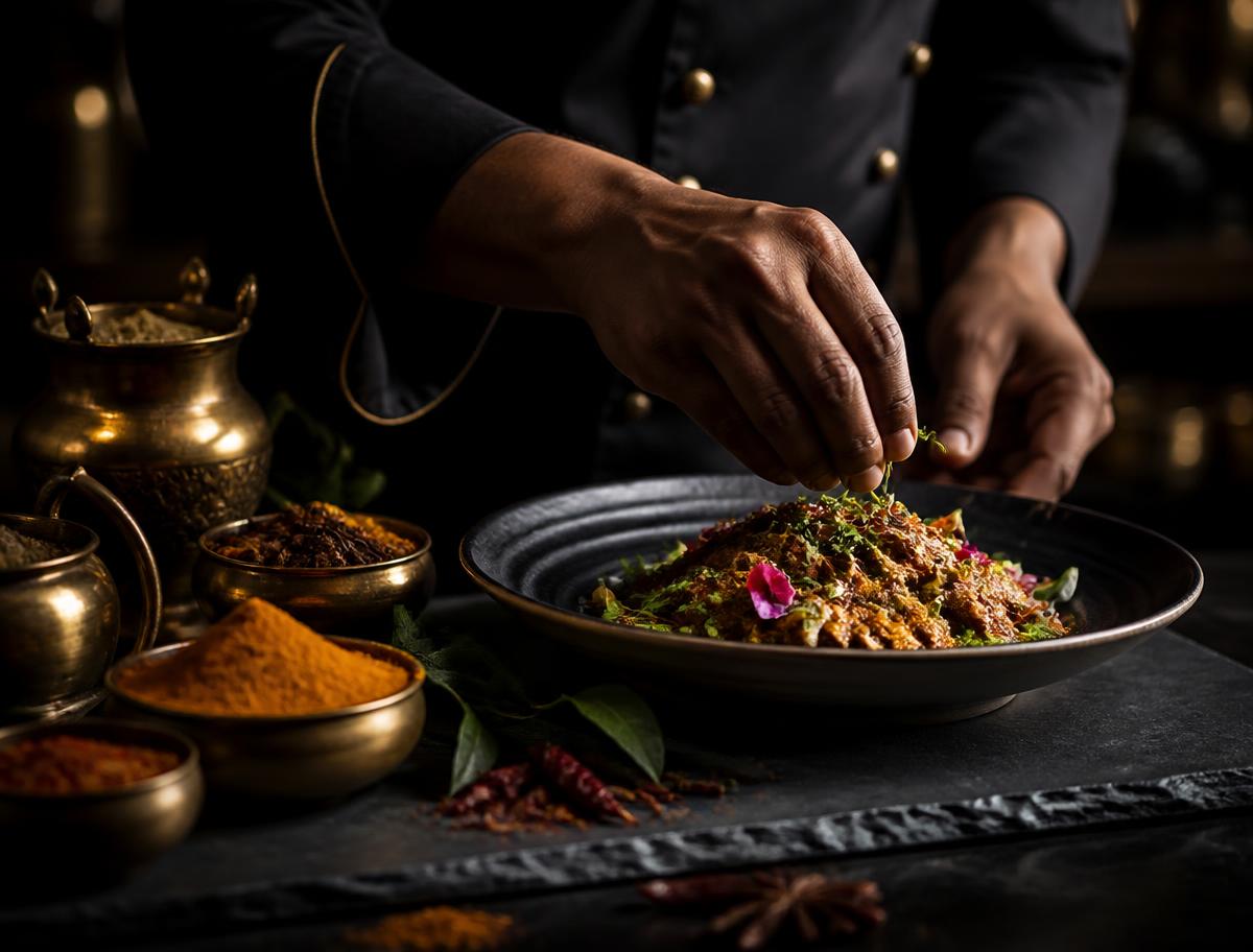 Chef plating a spiced Indian dish at Turmeric Twist in Bramhall