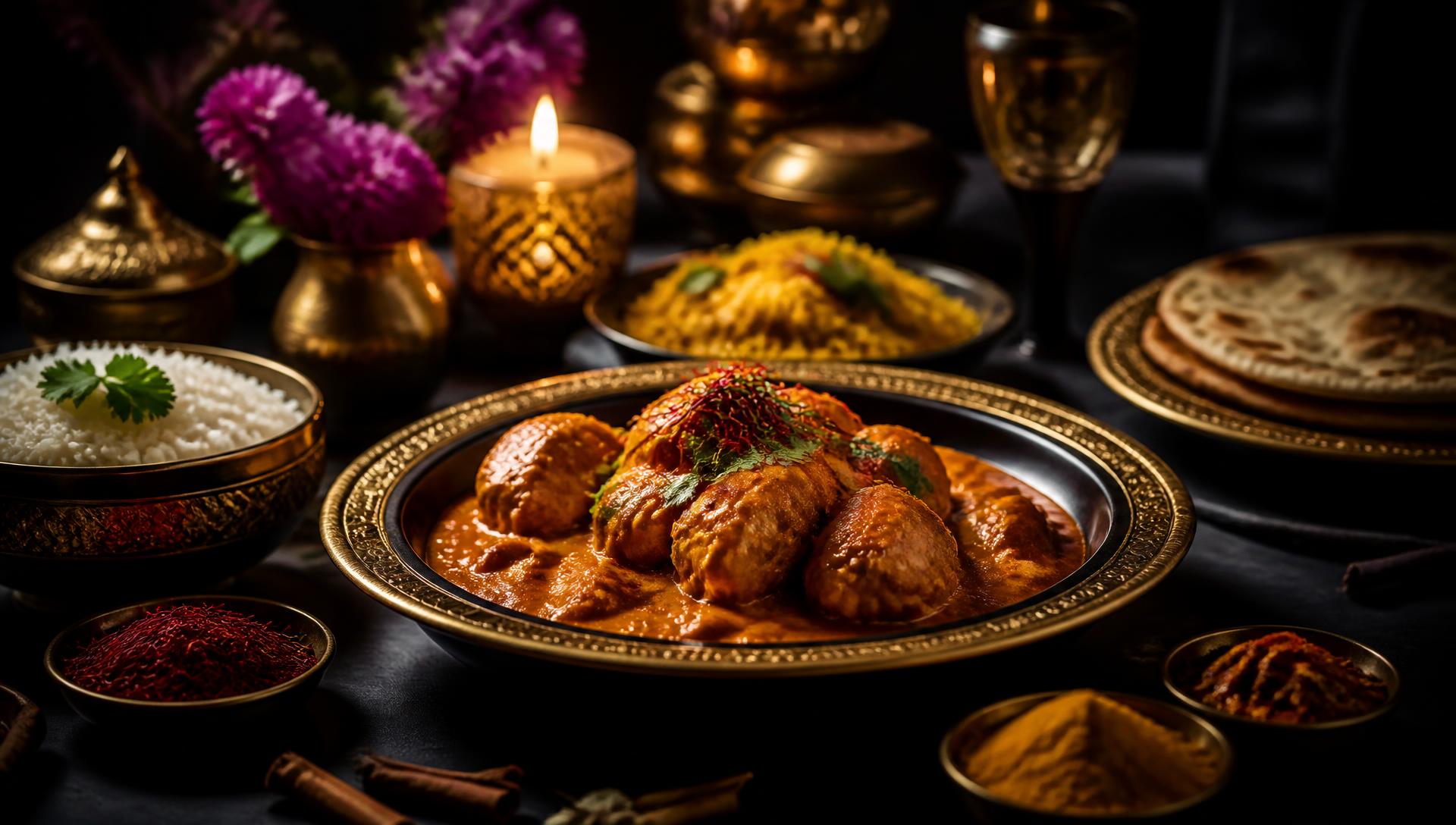 Indian curry served on gold tableware at Turmeric Twist in Bramhall